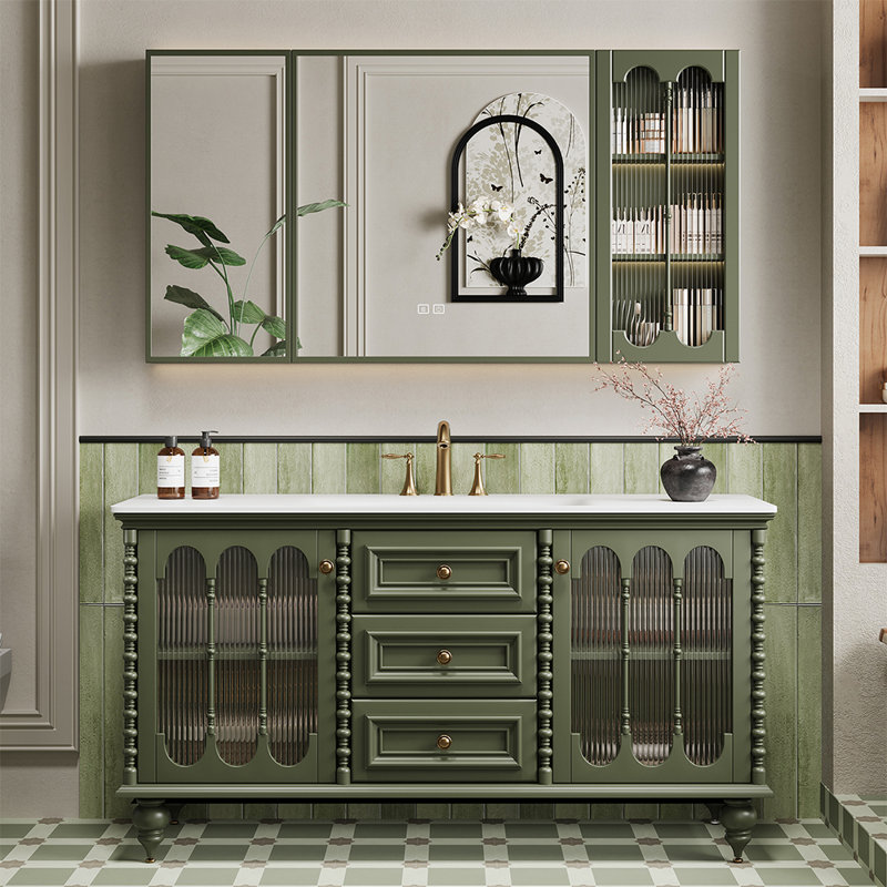 French vintage style bathroom cabinet, 32.28" H x 47.24" W x 21.65" D, Green