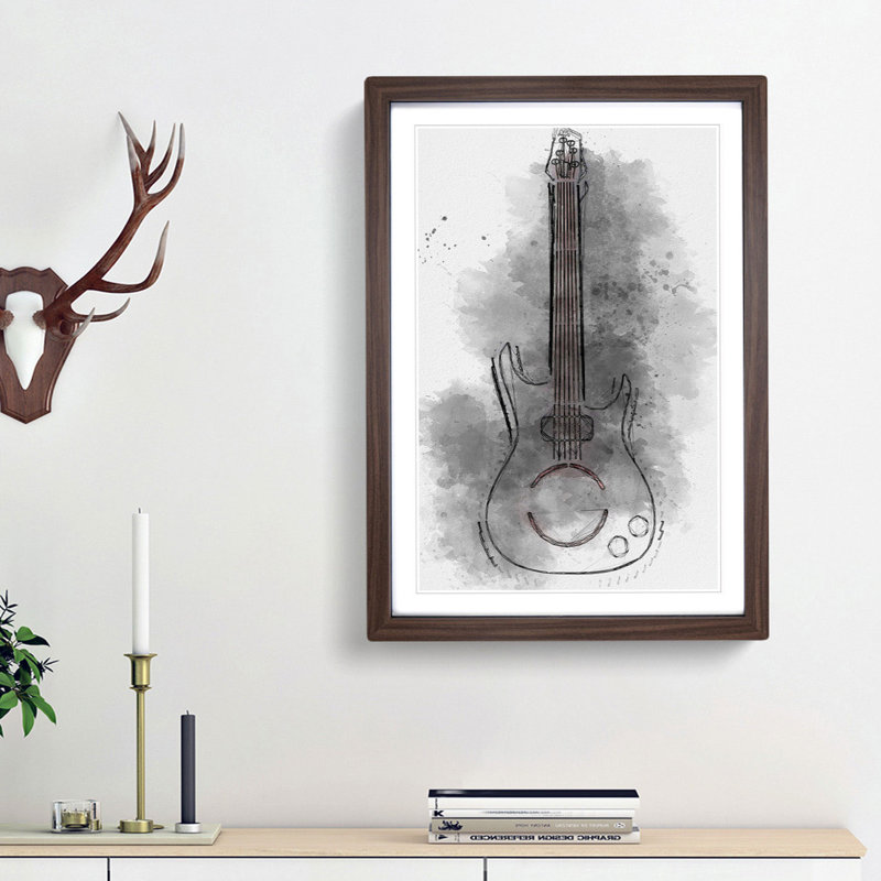 Neon Electric Guitar in Abstract - Framed Print, 87cm H x 62cm W x 2cm D, Walnut Framed