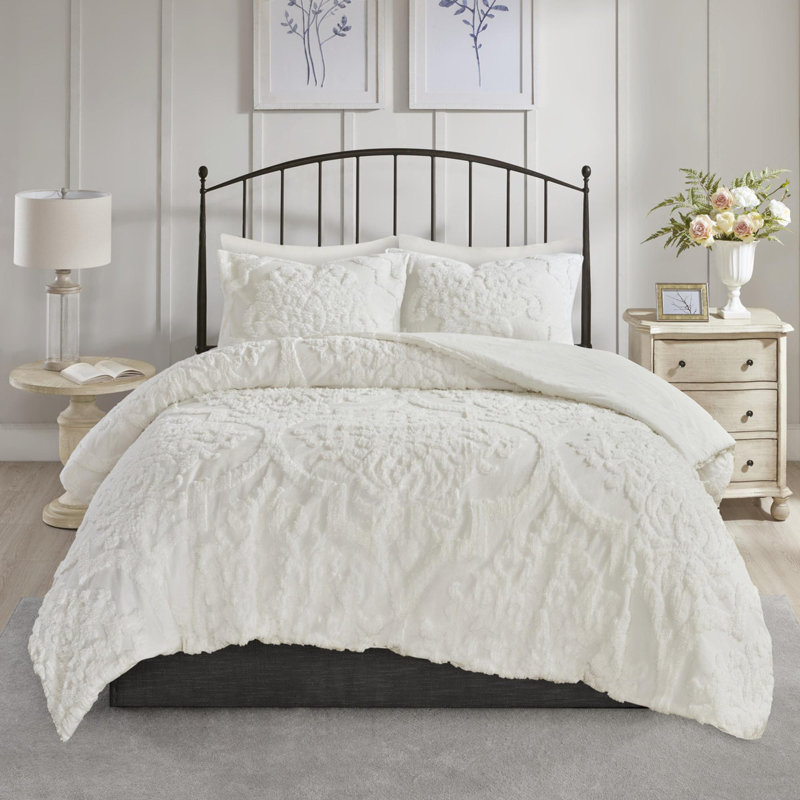 Ensemble d'édredon en coton touffeté 3 pièces, Édredon double + 2 taies décoratives standards, Blanc cassé