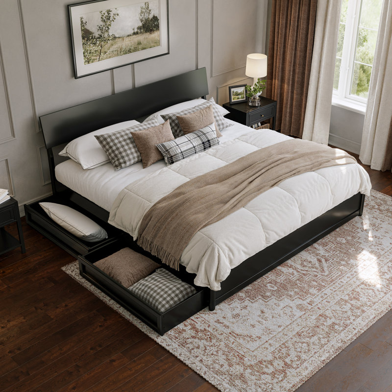 Norla Wood Platform Bed with Storage Drawers, Black, King