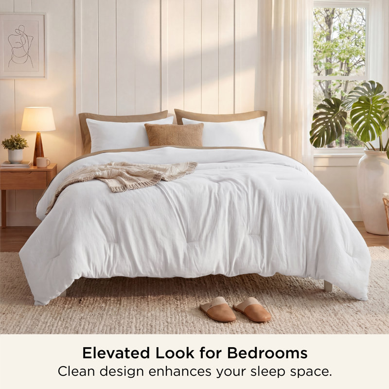 Bedsure Reversible Prewashed Comforter Set, Queen Comforter + 2 Standard Pillowcases, White