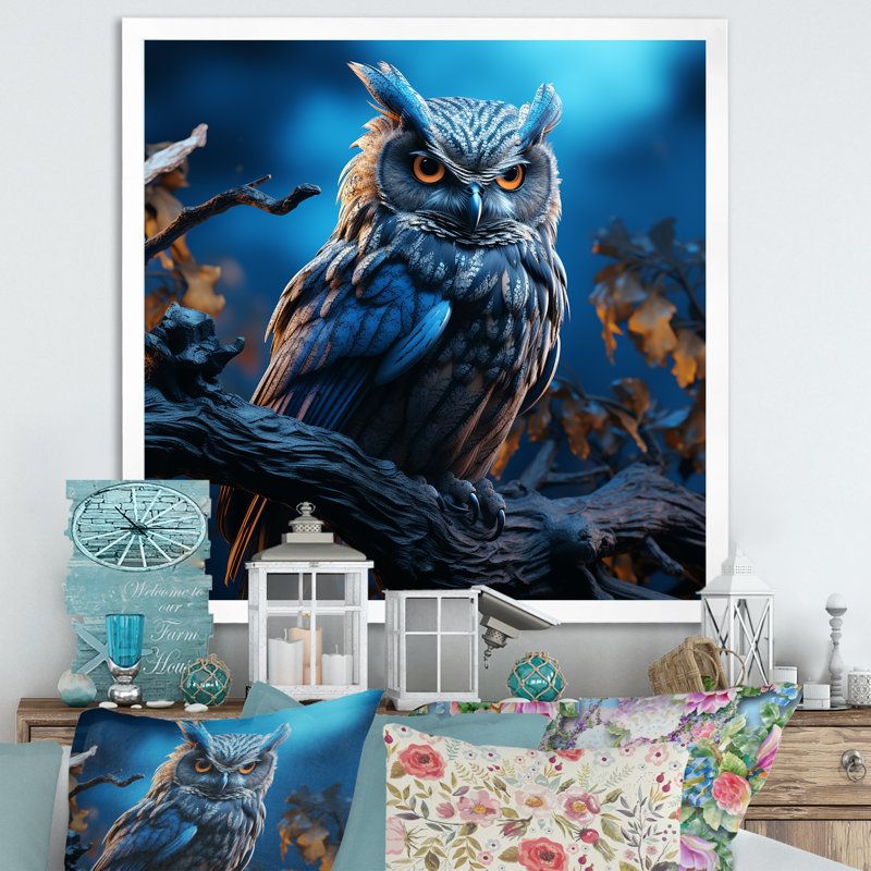" Blue Owls Moonlight Realm IV ", 30" H x 30" W x 1" D, White Single Picture Framed
