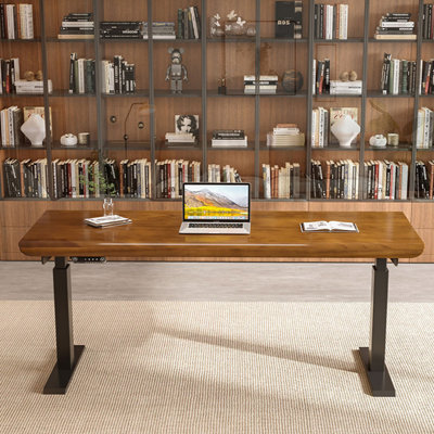 Brown + Black Rectangular Hight adjustable Solid Wood + Steel desk by Wren Decors