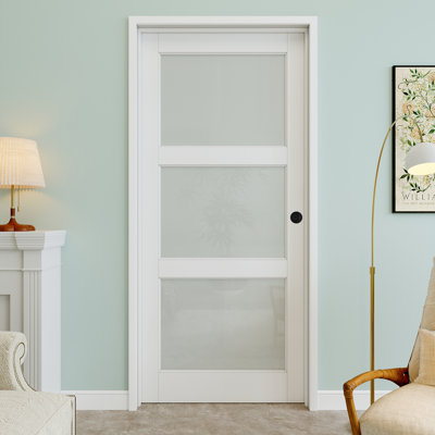 32" x 80" 3-Lite Frosted Glass Interior Prehung Door with Round Knob and Silver Hinges, Privacy Glass Door Slab, Paintable & Waterproof, Suit for Laundry, Closet Doors, Room Doors, Left Hand