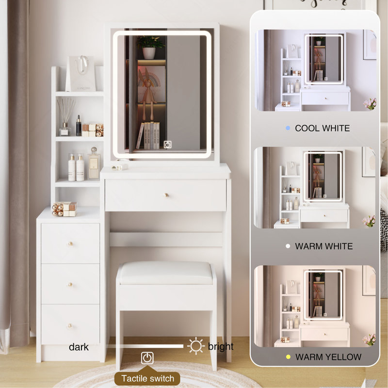Compact And Versatile Vanity Table Set With Advanced LED Mirror And Spacious Storage, White