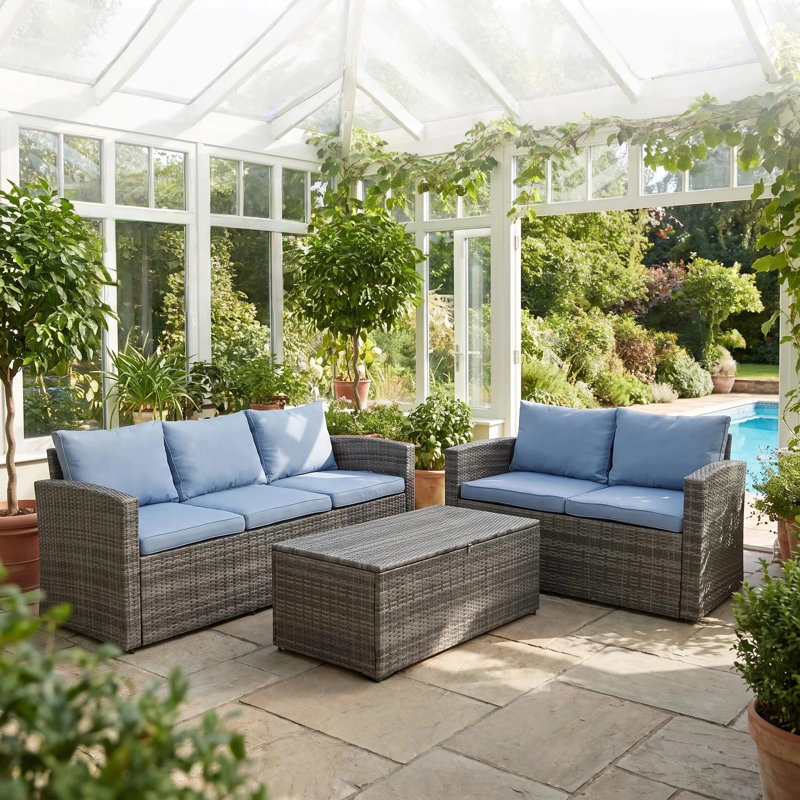 Ensemble de conversation d'extérieur en osier pour 5 personnes avec coussins et rangement Arlington, Blue