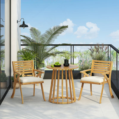 Ensemble repas d'extérieur 3 pièces en bois d'acacia avec coussins, teck
