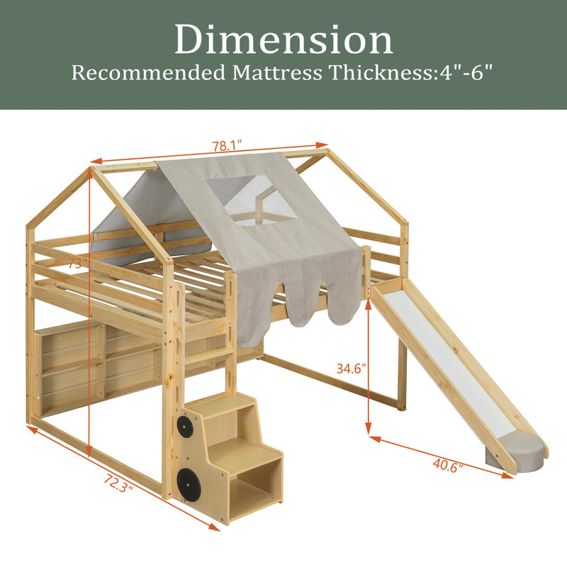 Lit mezzanine en bois pleine grandeur en forme de maison avec tente, Naturel, Double