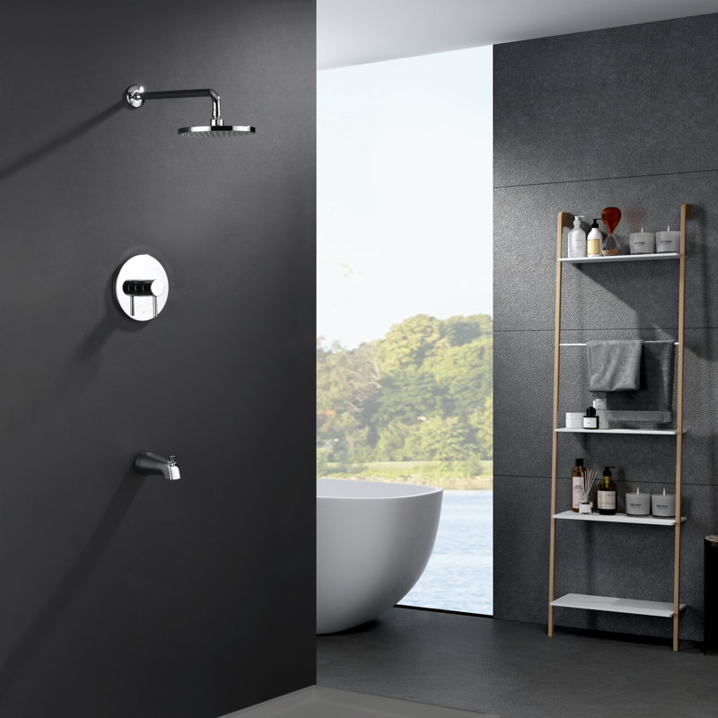 Euro Collection Shower Trim System: 8" Round Shower Head, Single Handle Set, Tub Spout & Rough-in Valve Included - Chrome Polished
