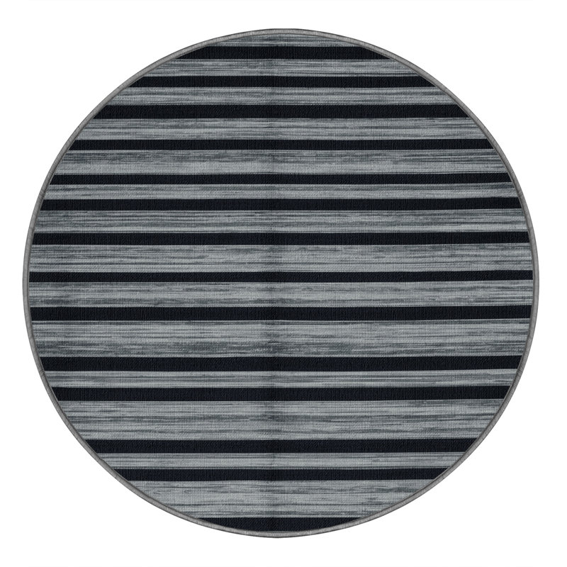 Machine Washable Horizontal Stripes Gray Area Rug, Round 8'