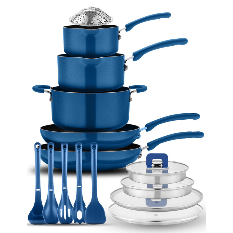 17 - Piece Non-Stick Aluminum Cookware Set, Blue