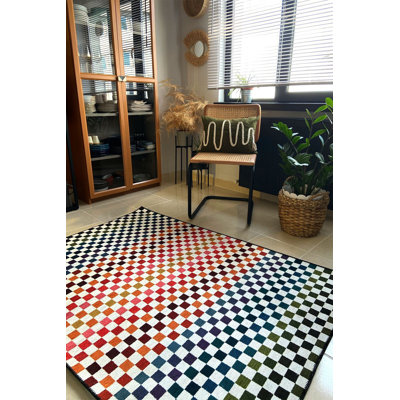 Multicolor Checkerboard Pattern Washable Rug