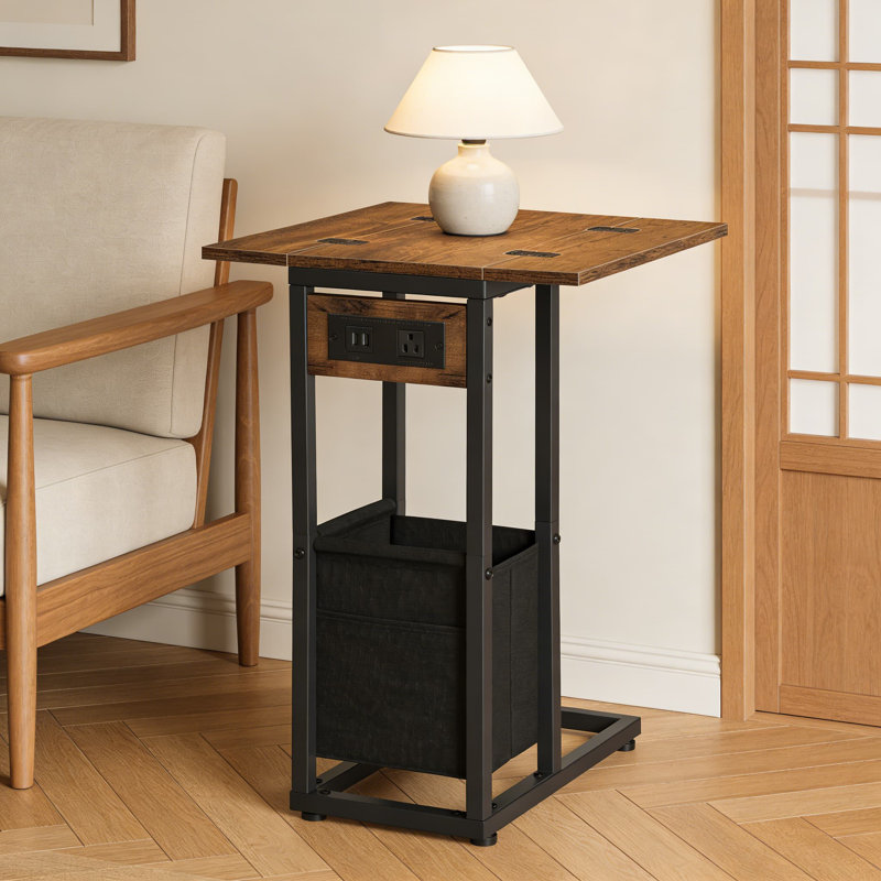 Table d'appoint en forme de C avec station de charge intégrée, table de bout pliable avec sac de rangement, table de rangement pour canapé peu encombrante pour le salon et la chambre à coucher