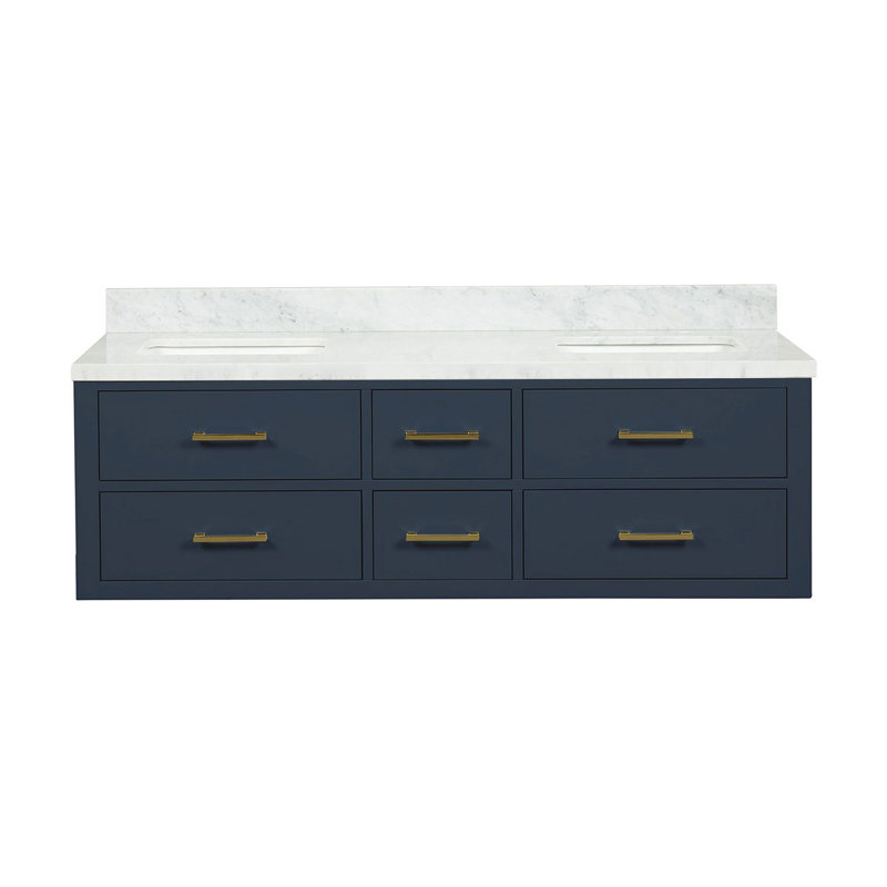 Meuble-lavabo double bleu l 60 po x P 22 po avec plateau en marbre de Carrare