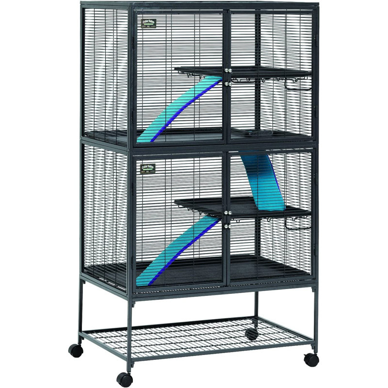 Gray Double Unit Small Animal Cage with Ramps and Shelves