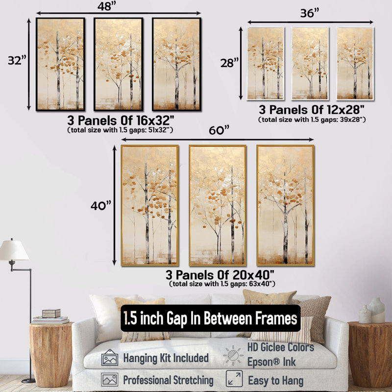 Minimalisme Golden Trees Harmony I - ensemble de reproduction d'art mural arbre, Cadre flottant noir