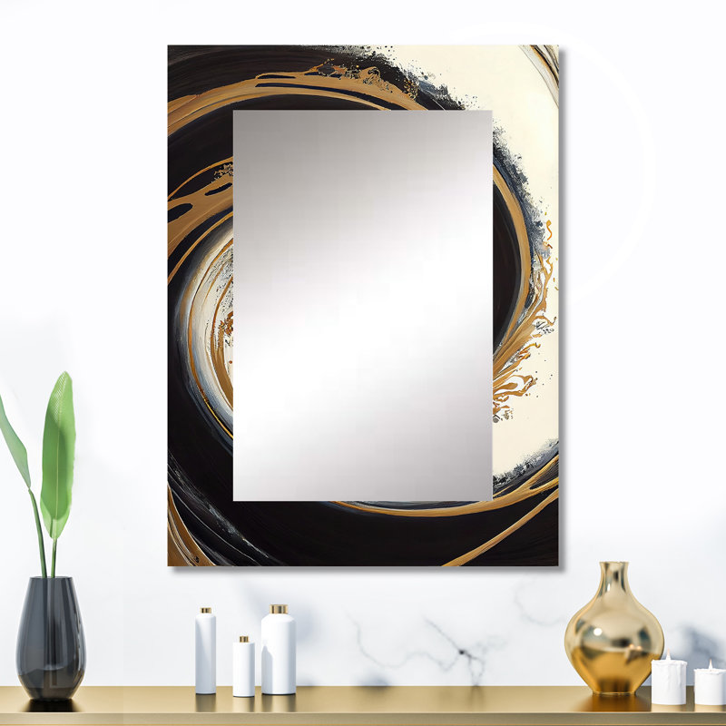 Black And Gold Circle V - Abstract Spirals Unique Wall Mirror, Black Mirror, Printed Metal Art, 32" x 24"