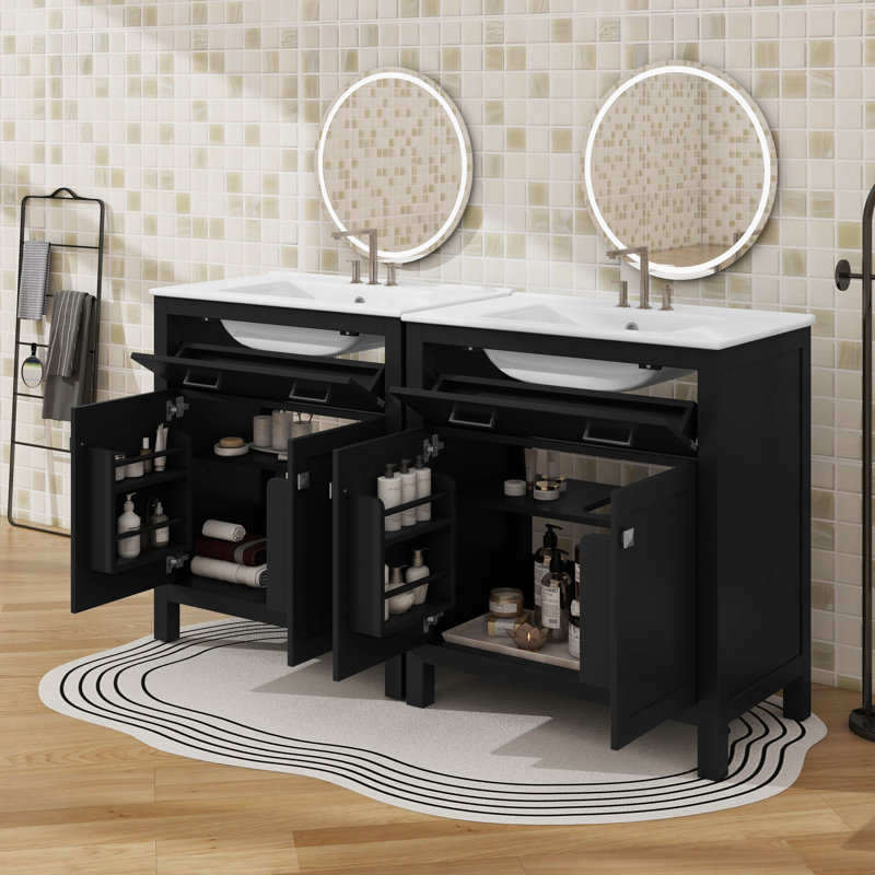Ensemble de meuble-lavabo 60 po avec lavabo double 60 po avec tablette réglable et portes à fermeture douce, Noir