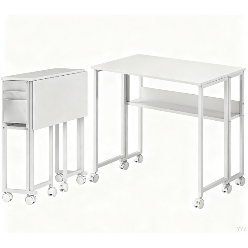 Bureau d'ordinateur pliable, avec sac de rangement, tablette et roulettes pour petits espaces, bureau à domicile, Blanc