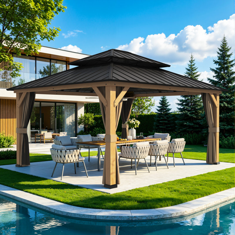 Naturally Weather - Resistant Cedar Wood Gazebo with Galvanized Steel Double Roof - Sturdy Outdoor Pavilion for Backyard, Patio & Deck