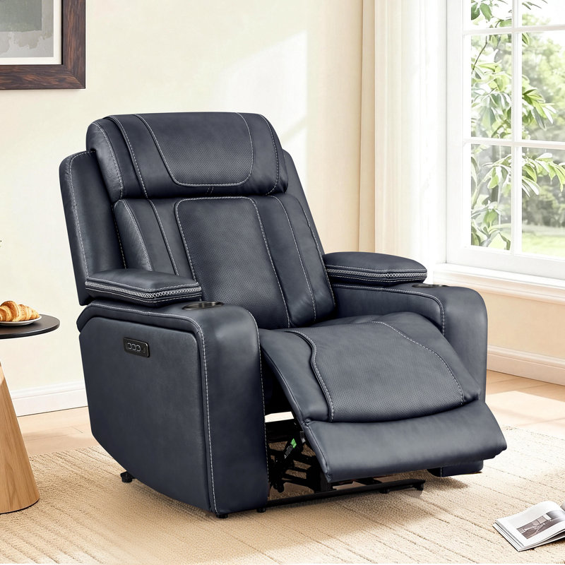 Genuine Leather Triple Motor Power Recliner with Power Headrest and power lumbar, Navy Top Grain Leather