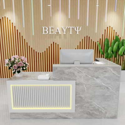 Bureau de réception en forme de L de 63 po, comptoir de caisse avec tablettes ouvertes et lumières à DEL RVB, panneau de grille à lattes, bureau de réception en pierre lime pour bureau à domicile, magasin, salon de beauté