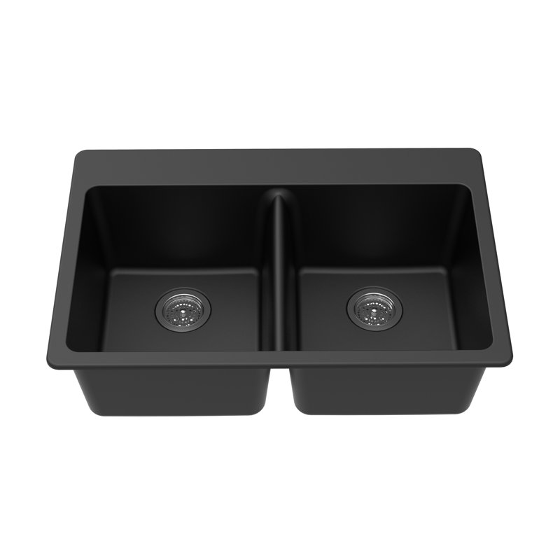 Granite 33" L x 22" W Double Bowl Dual Mount Kitchen Sink, Black