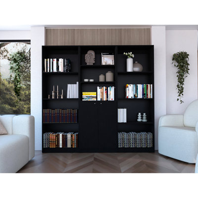 Black Living Room With 3 Bookcase Shelves - Elegant & Spacious Bookcases In Functional Option