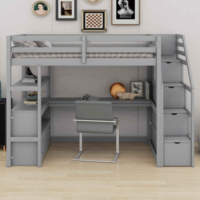 Lit mezzanine avec bureau et tablettes, deux tiroirs intégrés, escalier de rangement, Gris