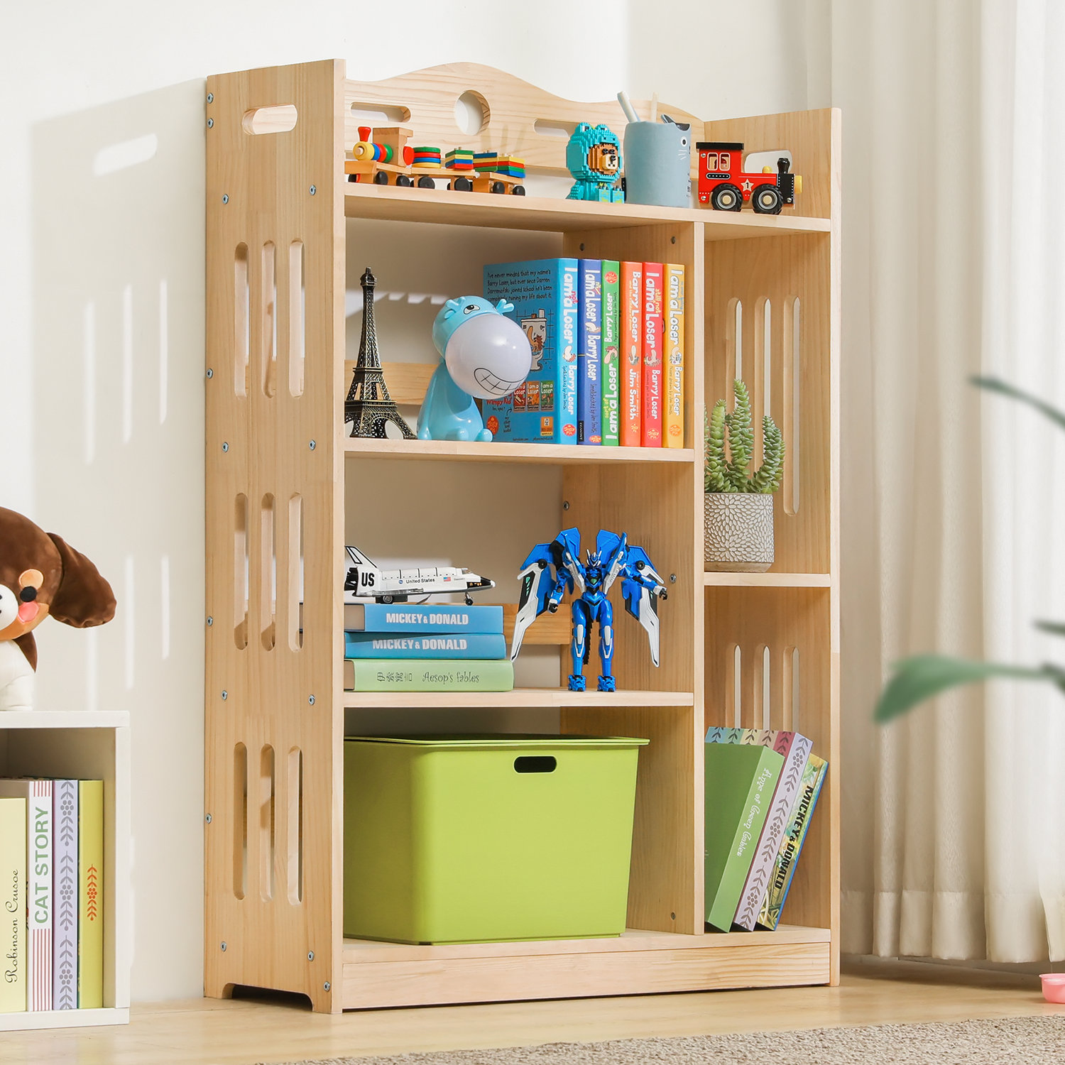 MoNiBloom Wood 4 Tiers Standard Bookcase, Books Toys Storage