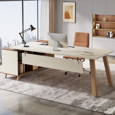 71" W L-Shaped Desk with Drawers and File Cabinet, Modern Executive Office Desk