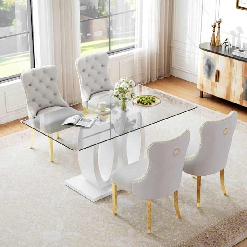 63" Rectangular Glass Dining Table Set, Clear Tempered Glass Top, Double O-Shaped Base, Velvet Upholstered Chairs with Stainless Steel Frames