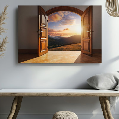 Canvas A Grand Arched Double Door Opens To A Breathtaking Sunset Wall Art View Framed By Elegantly Detailed Doorways With Ornate Canvas Wall Art