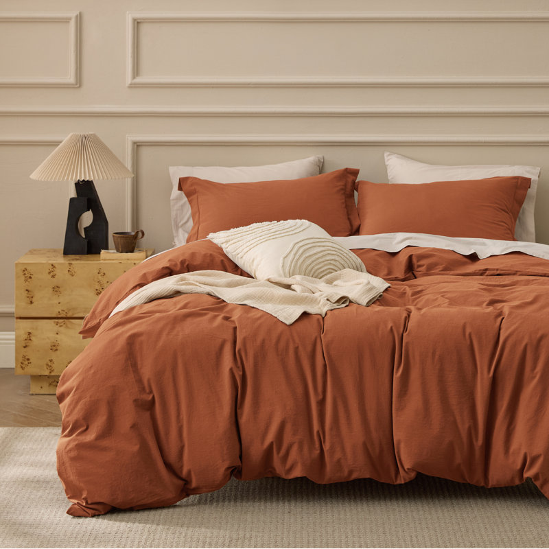 Bedsure 100% Washed Cotton Duvet Cover Queen Set - Minimalist Cotton Beding Set For All Season（set of 3）, Terracotta