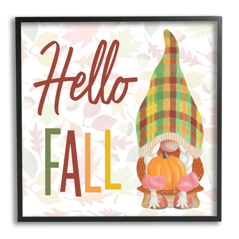 «Hello Fall Cozy Tartan Gnome» tenant une citrouille noire, estampe numérique, art texturé par Andi Metz