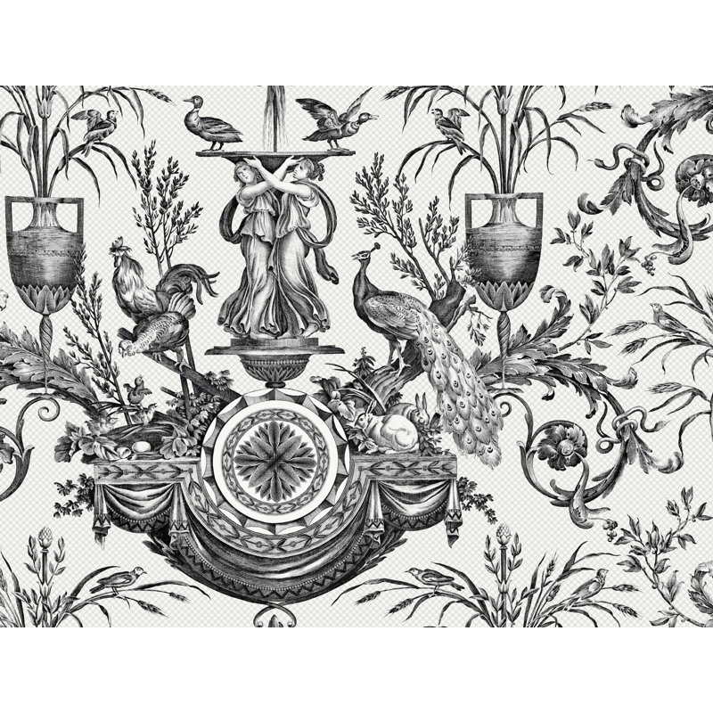 Avian Fountain Toile Wallpaper Roll, Black