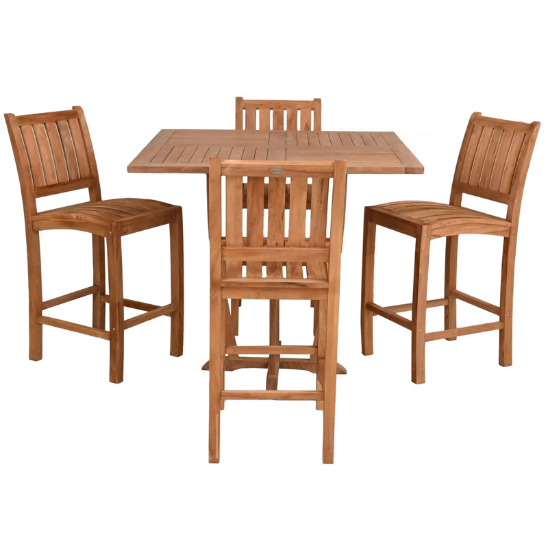 Teak Wood Bistro Bar Set Including 35" Square Miami Bar Table And Abacho Barstools, 4