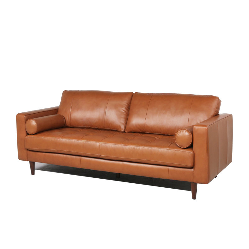 Cuir de style Mid-Century, 3 pieds en bois massif, finition cognac avec 3 pieds