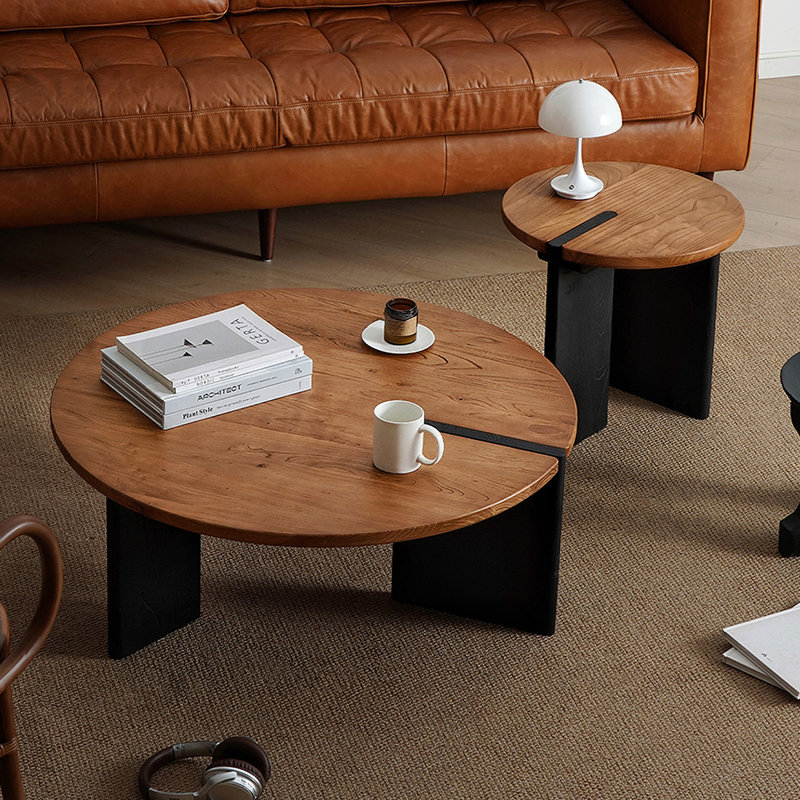 Retro Black Solid Wood Round Coffee Table