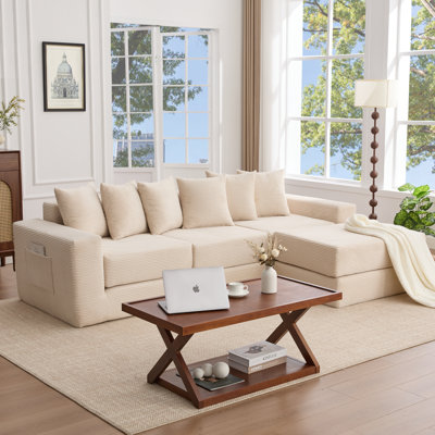 [NEW ARRIVED] [VIDEO PROVIDED]10-In-1 Convertible Sofa Sectional ,Corner Couch , Convertible Floor Sleeper Sofa,Corduroy,Side Pocket,No Assembly,DIY,L Shaped Modular Sofa,6 Pillows,Beige