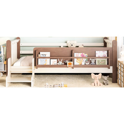 Lit simple en bois massif avec rangement, escalier et garde-corps, beige, solution de rangement en pin facile à monter