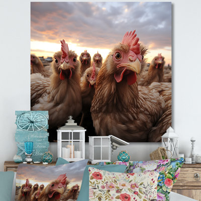 «Red Chicken Family at Sunset», art mural animal de poule