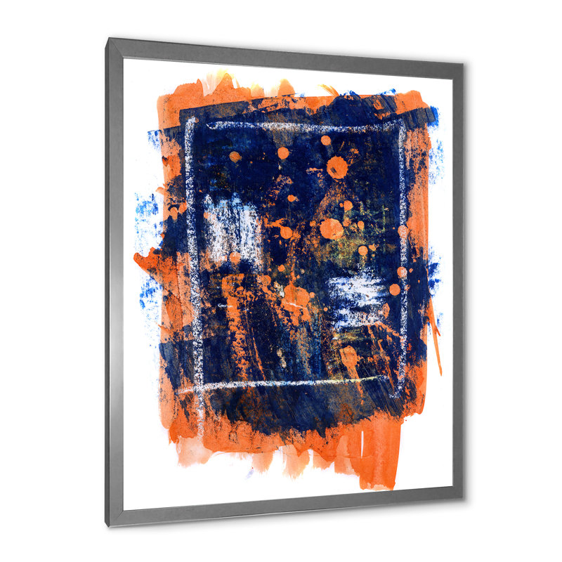 Abstrait orange et bleu marine - Peinture sur toile, Encadrement argenté, H 20 po x l 12 po x P 1po