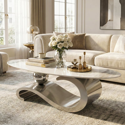 Table basse ovale de luxe de 51 po avec base et plateau en pierre frittée - Base en forme de note de musique