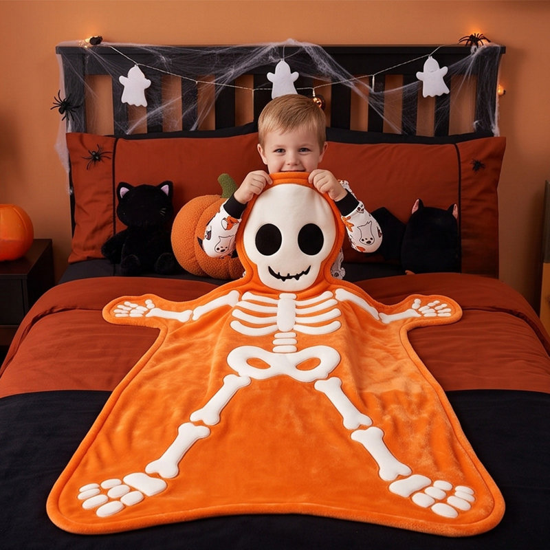 Couverture décorative d'Halloween en forme de squelette humain, en flanelle orange gaufrée, motif irrégulier, idéale pour canapé, lit ou fête d'Halloween à la maison.