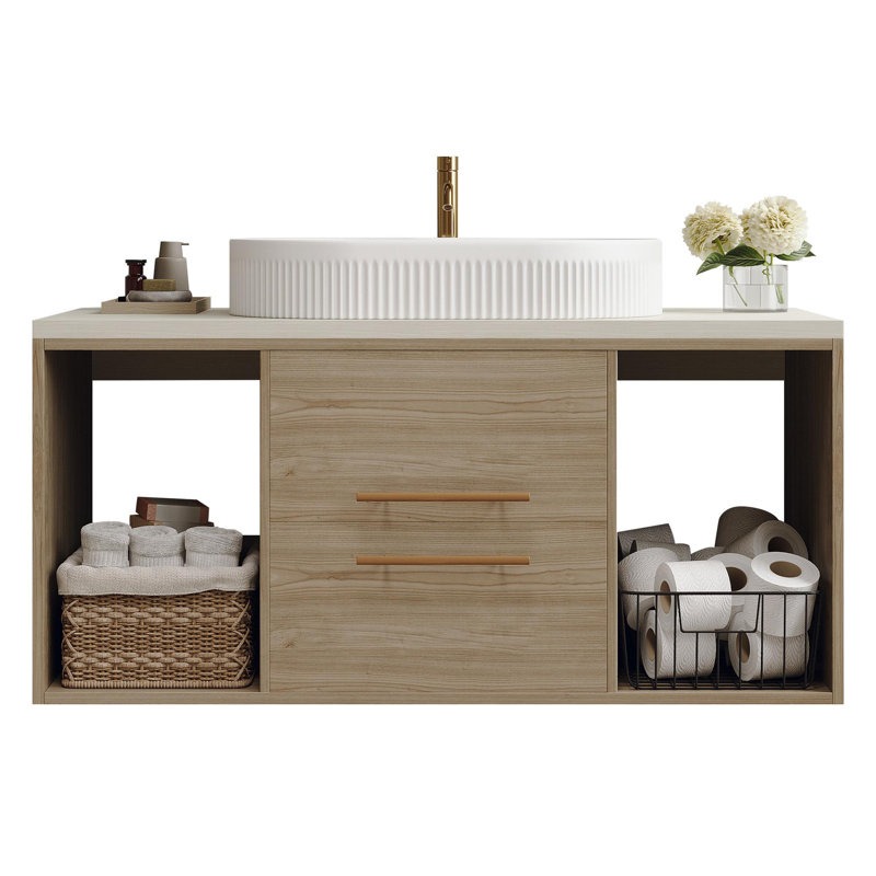 Modern 39.4 Wall-Mounted Bathroom Vanity with Oval Ceramic Sink Floating Vanity Multi-Layer Solid Wood Cabinet Soft-Close Drawers Open Shelf Storage