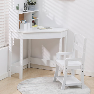 Kids Study Desk and Chair Set, White Corner Table with Adjustable Chair, Hutch, Cork Bulletic Board, Pen Holders, Small Art Table Homework Table Set for Children for Home School