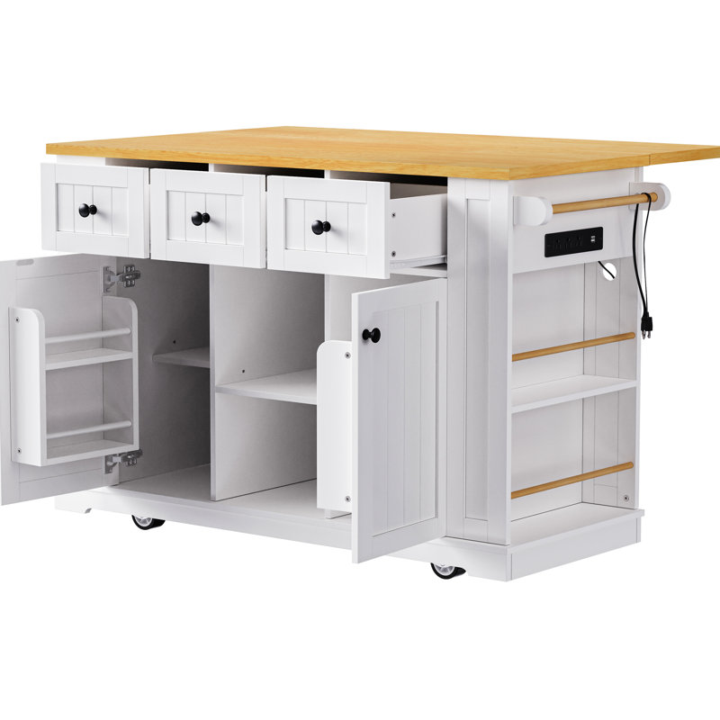 Kitchen Island With 2 Bar Stools, Electrical Socket Incorporation, 5 Portable Drawer Unit, Internal Storage Rack, Drop Leaf, 3 Drawers For & Dining, White Power Outlet, Mobile Cart, Versatile