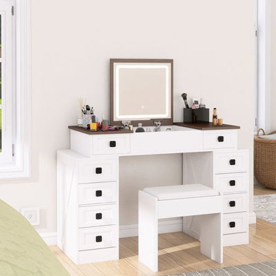 Meuble-lavabo avec 10 tiroirs et DEL réglables. Blanc et finition noyer. Espace miroir rétractable. Tabouret rembourré doux avec grands tiroirs de rangement à intensité variable, blanc et noyer. Pliable pour économiser de l'espace.