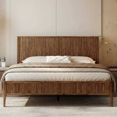 Acacia Solid Wood Bed Frame, Mid Century Modern with Fluted Pattern Platform Bed, Centre Supports Included, Noise Free & Easy Assembly, King/Queen Size